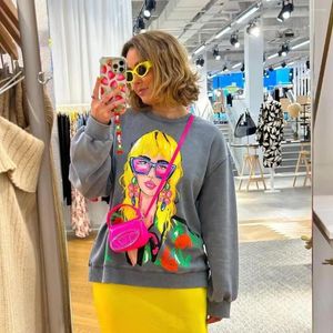 Dames Hoodies Cartoon Contrast Gedrukt Sweatshirts Dames Losse O-hals Truien met lange mouwen Vrouwelijke Herfst Mode Casual Dames Top