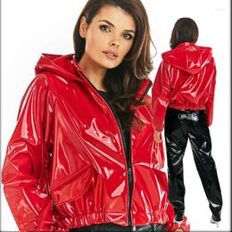 Hoodies voor dames Casual PVC Latex Lederen Jacket Women Glanend Patent Lange mouw korte lagen dames sweatshirts jas clubkleding los