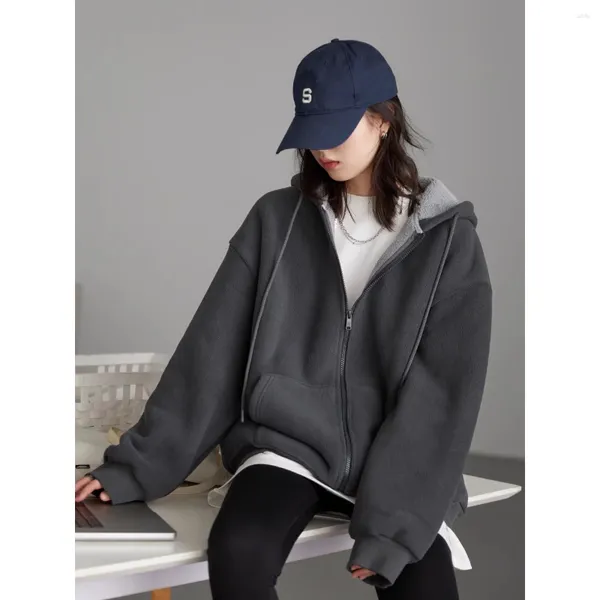 Sweats à capuche pour femmes Chic Ven Femmes Sweatshirts Solide Loose Streetwear Manteau Zip-up Peluche Pull à capuche Veste pour automne hiver 2023