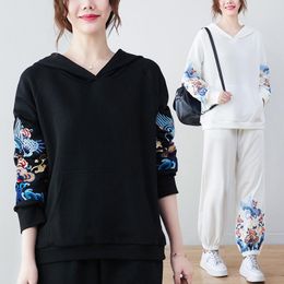 Women's Hoodies Chinese stijl borduurwerk vrouwen los vintage Harajuku capuchon blouse vrouwelijke pullover streetwear mode sweatshirts tops