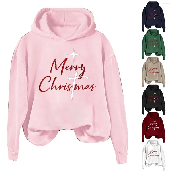 Sweat à capuche pour femmes, lettres de joyeux noël imprimées, sweat à capuche décontracté, pull avec fermeture éclair, veste longue, tunique