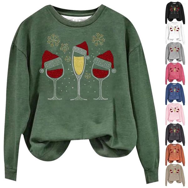 Sweat à capuche pour femmes, verre à vin de noël, imprimé de dessin animé, manches longues, col rond