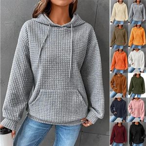 Hoodies voor dames voor vrouwen wafel sweatshirt pullover met zakken herfst losse zachte en comfortabele loungewear met lange mouwen loungewear