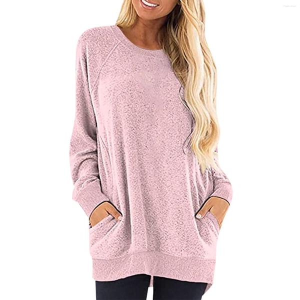 Sudaderas con capucha para mujer, monos Colla, Top de manga larga de Color sólido con cuello redondo y bolsillo, sudadera informal, Tops pequeños para sudor