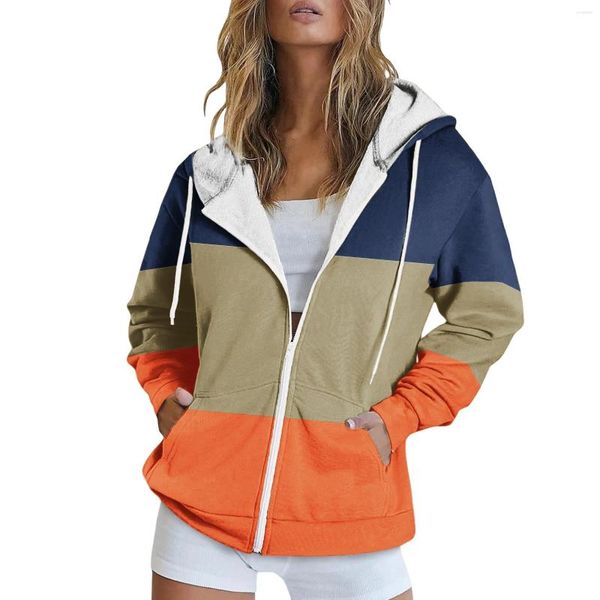 Sudaderas con Capucha para Mujer Sudaderas con Capucha con Estampado De Bloques De Color Sudaderas con Forro Polar De Invierno Cálido con Cremallera Chaquetas Harajuku Abrigos Calentador De Manos Casuas