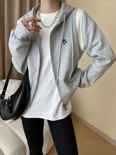 Sudaderas con capucha para mujer Hombro en contraste Doble cabeza Cremallera Sensación Principios de otoño Bordado Letra Suelta con capucha Suéter de manga larga Abrigo versátil Top