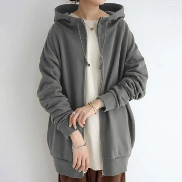 Sweat-shirt hivernal confortable pour femmes Veste zip-up à capuche à capuche élégante pour tunique de couleur solide d'automne / hiver