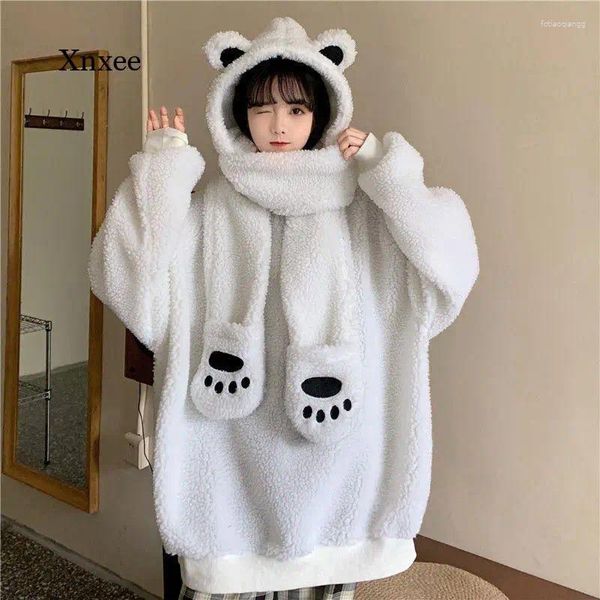 Sudaderas con capucha para mujer Sudaderas con capucha Curt Kawaii Bear Ropa de mujer Otoño Invierno Diseño Sense Preppy Ear Bufanda Gruesa Cordero Tendencia Abrigo de lana