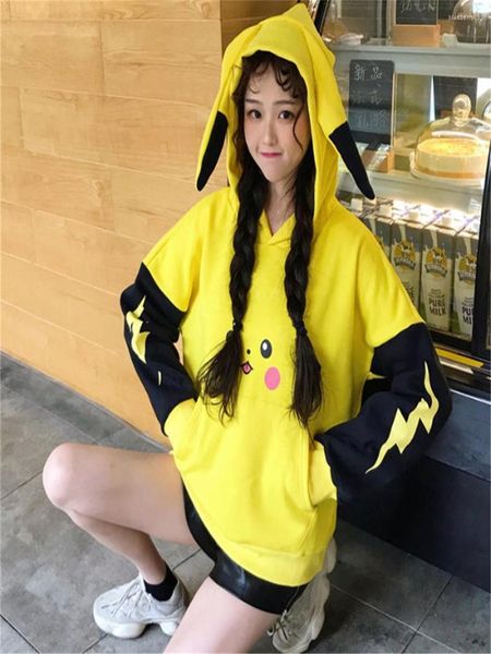 Sweat à capuche femme mignon souris imprimé sweat à capuche printemps femmes coréennes Kawaii jaune ample manches longues hauts Hip Hop manteaux surdimensionnés