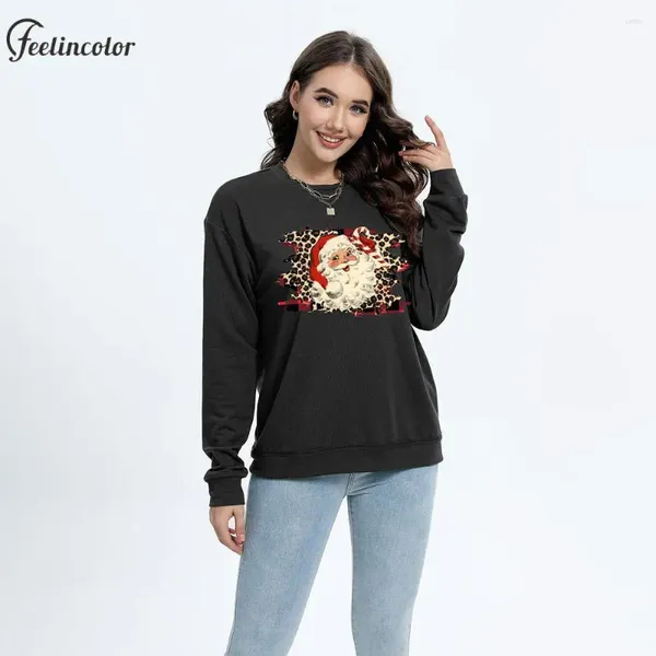 Sudaderas con capucha para mujer, jersey con estampado de Papá Noel lindo, sudaderas con cuello redondo de gran tamaño para mujer, ropa de calle informal para chica, Top con patrón de zapatos de Navidad