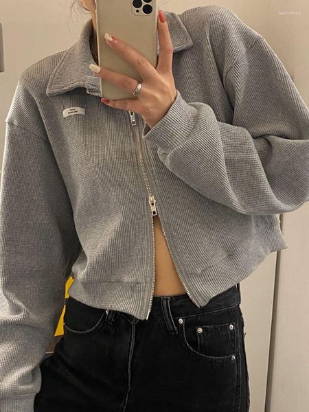 Sweats à capuche pour femmes Deeptown Grey Zip Up Femmes Mode coréenne Oversize Manches longues Sweat-shirts blancs Femme Y2K Solid Crop Tops Cardigan