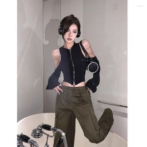 Sweats à capuche pour femmes Deeptown femmes sweats à fermeture éclair Grunge Y2k noir Kpop hors épaule Crop hauts esthétique coréen mode Chic Streetwear