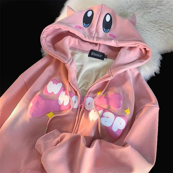 Sudaderas con capucha para mujer, chaqueta con cremallera de Anime japonés Y2K con estampado de cuerno del diablo, sudadera de gran tamaño de dibujos animados Kawaii, ropa de calle para estudiantes y parejas