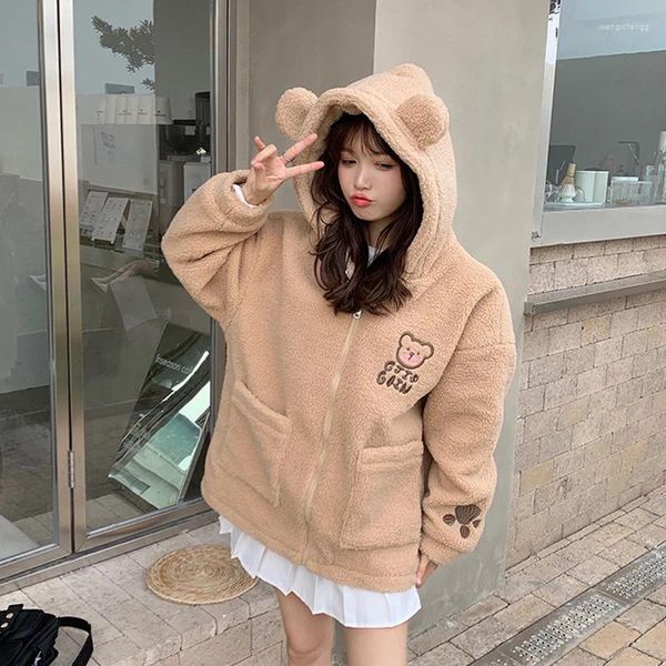 Sudaderas con capucha para mujer, sudadera con capucha de oso con orejas, bolsillo de gran tamaño para niñas, chaqueta Kawaii con cremallera rosa, sudadera bordada Kpop, abrigo de lana de cordero