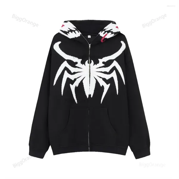 Sudaderas con capucha para mujer, sudadera bordada con máscara de araña para hombre, ropa de calle holgada negra con cremallera, Sudadera con capucha Harajuku Hip Hop de gran tamaño Y2K