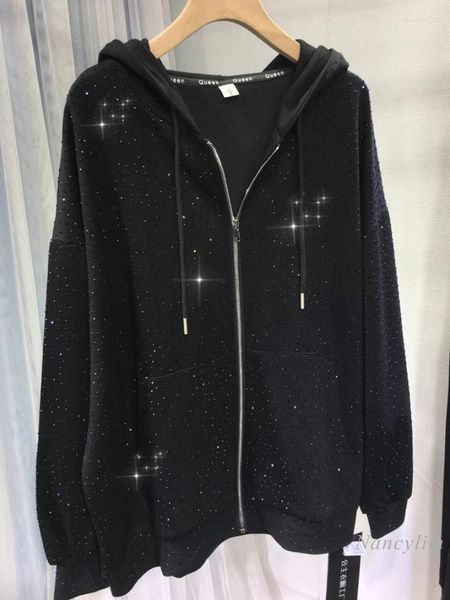 Sweats à capuche pour femmes européens lâches à capuche femmes et hommes forage strass manteau à glissière léger luxe plein diamant sweat automne