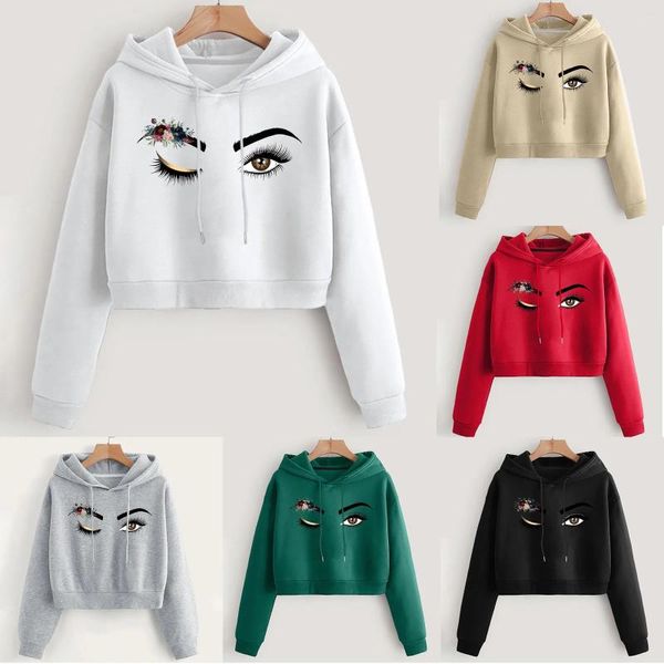 Sudaderas con capucha para mujer, Sudaderas cortas con estampado de ojos, Jersey para el ombligo, blusa holgada de manga larga, Sudaderas cálidas para primavera y otoño, venta al por mayor