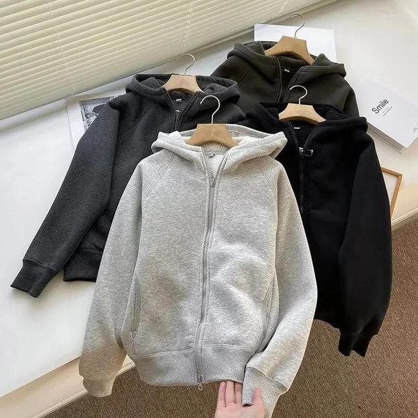 Sudaderas con Capucha para Mujer Otoño Invierno Cárdigans con Capucha De Color Sólido Polar Grueso Cálido Ropa De Abrigo Todo Combinado Estilo Coreano Sudaderas De Manga Raglán