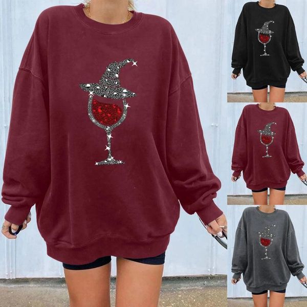 Sudaderas con capucha para mujer, moda con diamantes de imitación, copa de vino tinto, sudaderas de gran tamaño, cuello redondo holgado, jersey de otoño, Sudadera de talla grande para Halloween