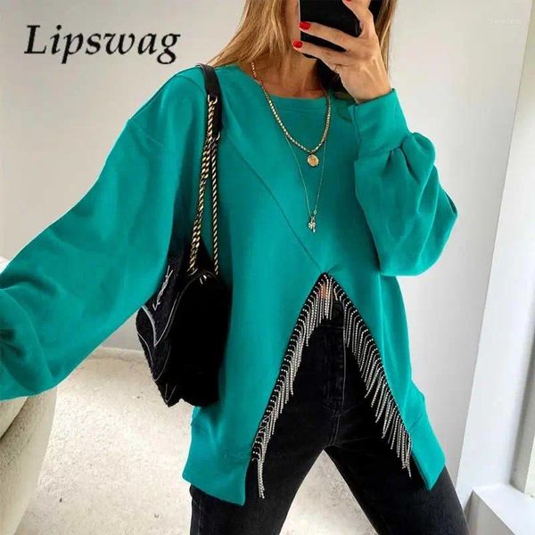 Sudaderas con capucha para mujer, camisa Irregular de manga larga de Color sólido a la moda, Jersey holgado elegante con cuello redondo para mujer, Top con flecos de cristal calados para otoño