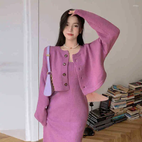 Sweats à capuche pour femmes Mode Deux pièces Pull à simple boutonnage Robe à bretelles spaghetti Pièce Costume élégant coréen Harajuku Streetwear Femmes