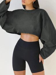 Sweats à capuche pour femmes Mode Femmes Aigu Printemps Automne Sweat-shirt ample Couleur unie Manches longues Col rond Pull court Doux pour la peau