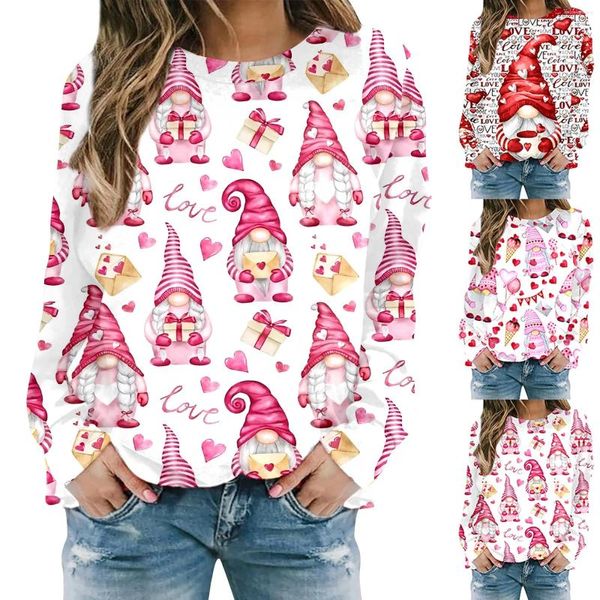 Sweats à capuche pour femmes à la mode Saint Valentin Gnome Love imprimé col rond sweat-shirt sans capuche pull zippé complet grand haut pull ailé