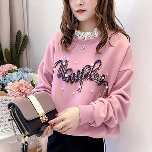 Sweats à capuche pour femmes Vêtements féminins Casual 3D Lettre Sweatshirts Mode Perle Perles Printemps Automne Coréen Lâche O-cou Dentelle Patchwork