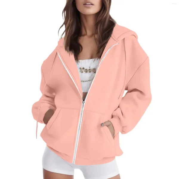 Sweat à capuche ajusté pour femme, veste d'automne, sweat-shirt surdimensionné avec poche, vêtements décontractés avec cordon de serrage, fermeture éclair, chemises pull pour femmes