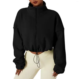 Sweat-shirt à capuche en polaire pour femme, veste courte surdimensionnée avec fermeture éclair complète, manches longues, col montant, manteau d'entraînement, hiver, vente 2023