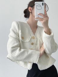 Sweats à capuche pour femmes Socialite française Tweed grossier blanc petit manteau parfumé pour le printemps et l'automne tempérament de niche haut court haut de gamme