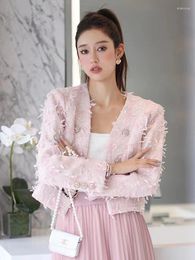 Felpe con cappuccio da donna Stile francese Celebrity Rosa Cappotto profumato 2023 Autunno con scollo a V Dolce nappa Tweed Top corto