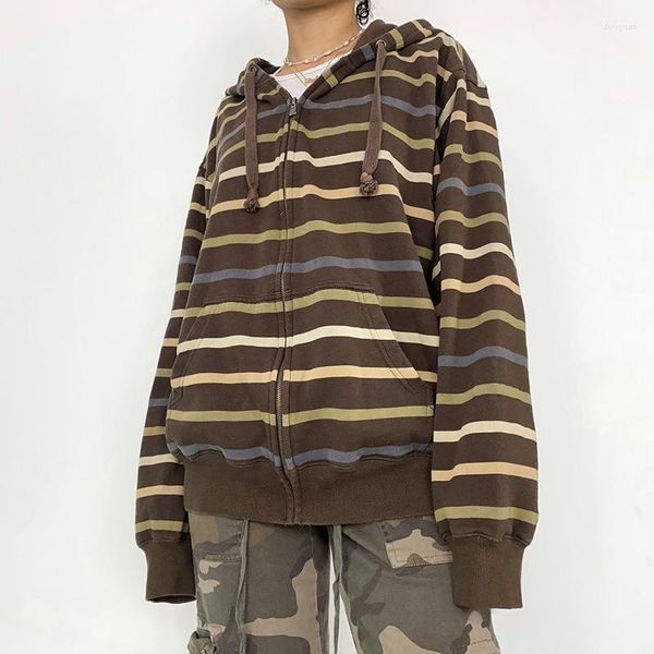 Sweats à capuche pour femmes FUFUCAILLM Sweats pour femmes Casual Baggy Vestes Manteau Automne Zip Up Rayé Avec Poches Harajuku Grunge Vêtements Y2k