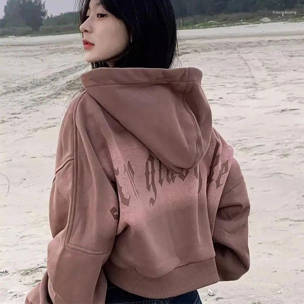 Sudaderas con capucha para mujer Gidyq Mujeres Streetwear Moda coreana Impresión de letras Sudadera recortada Y2K Casual Femenino All Match Doble Cremallera Abrigo