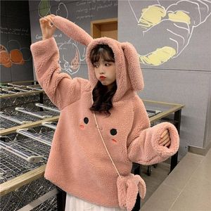 Sudaderas con capucha para mujer Chica Blanco Rosa 2022 Mujeres Linda Kawaii Sudadera con capucha con capucha Chaqueta de peluche Primavera Sólido Casual Thin Lambswool con bolsa Tops