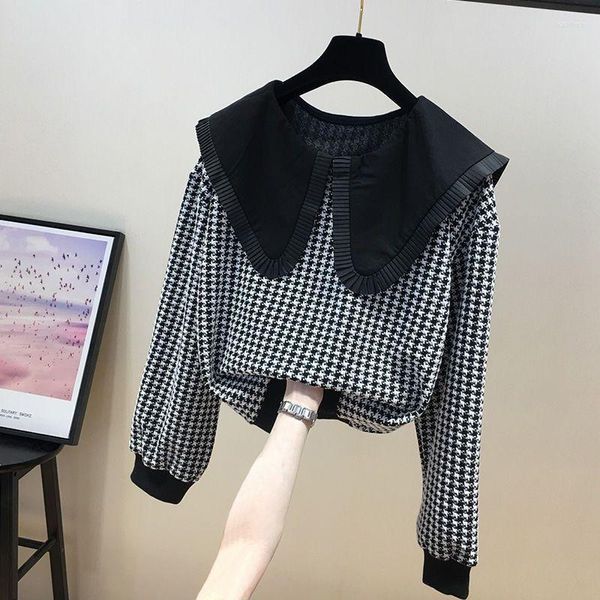 Sudaderas con capucha para mujer, suéter a cuadros de mil pájaros de otoño para niñas, jersey de manga larga con cuello de muñeca holgado medio coreano 2023, Top para mujer