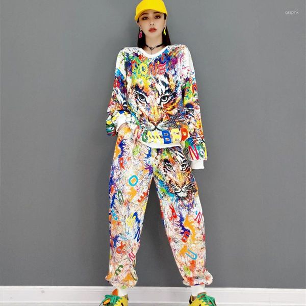 Sweat à capuche femme filles Hip Hop Design motif costume pour automne décontracté ample longue ensemble deux pièces Jogger Kit vêtements