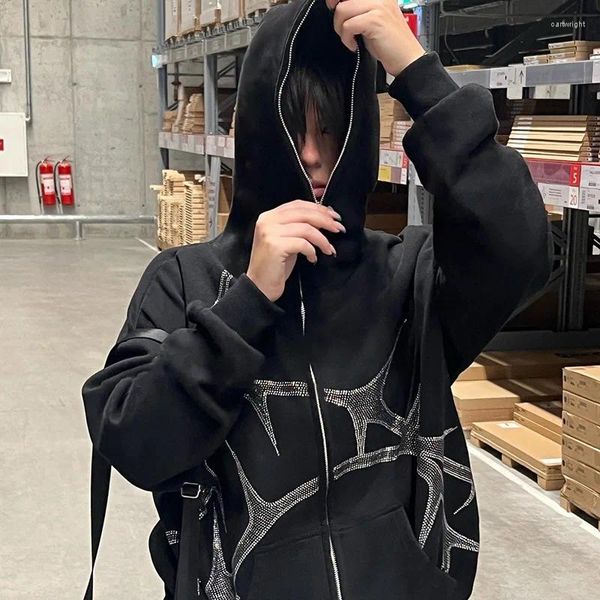 Sweats à capuche pour femmes Goth Dark Mall Gothic Full Zipper Femmes Automne Grunge Esthétique Harajuku Streetwear Sweatshirts Thorns Strass Cardigan