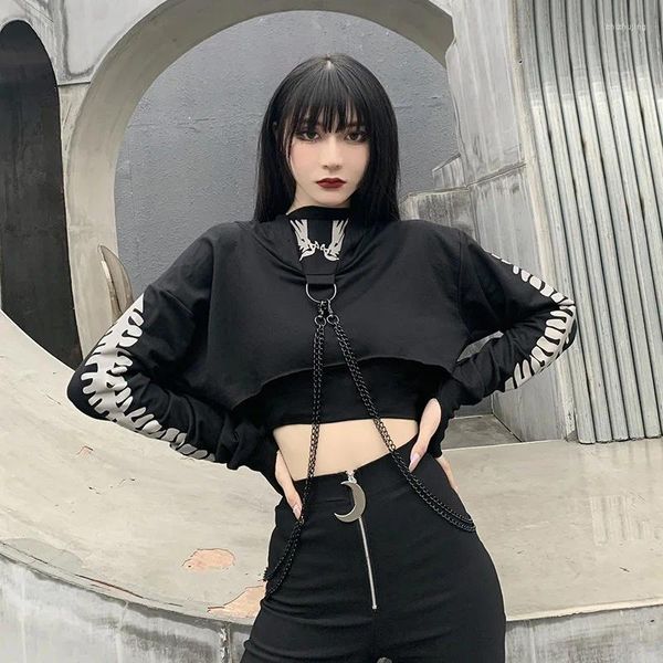 Sweats à capuche pour femmes Goth Sweat à capuche Femmes Chaîne en métal Gothique Imprimer Cropped Noir Mode 2023 Punk Techwear O-Cou Tops réfléchissants Automne Sweat-shirt