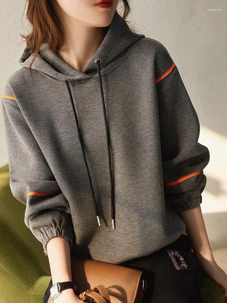 Sweat à capuche gris pour femme, vêtement à rayures graphiques, haut, belle couleur et coton E, nouveauté M