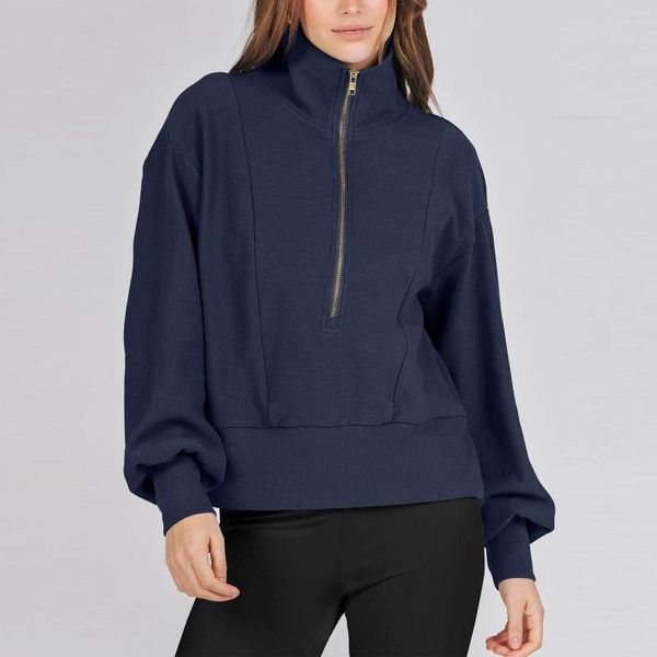 Sweats à capuche pour femmes Sweat à capuche à demi-zip Femmes Sweat-shirt court Hiver Automne Polaire Quarter Up Rib Pull à capuche Veste Femme Pull surdimensionné