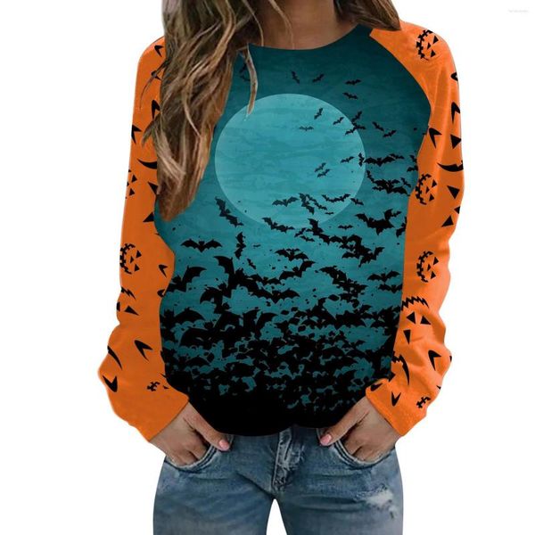 Sweat à capuche pour femmes Halloween décontracté Colorblock imprimé à manches longues sans capuchon manches Raglan sweat-shirt haut