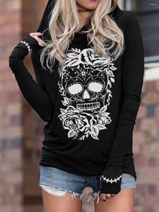 Sweats à capuche pour femmes Halloween Skull Floral Thumbhole Sweat à capuche Noir Femmes Rétro Automne Hiver Goth Complet Manches Longues Manteaux Lâches Harajuku