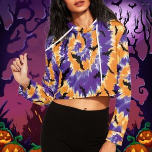 Hoodies voor dames Halloween Tie Dye Black Bat bedrukte pullover Hooded sweatshirt voor tienermeisjes Kostuum Outdoor Short Crop Tops