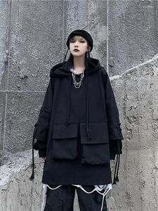 Vrouwen Hoodies Harajuku Cargo Zwart Vrouwen Mannen Streetwear Cool Losse Sweatshirt Grote Zakken Grunge Esthetische Y2k Vintage Tops