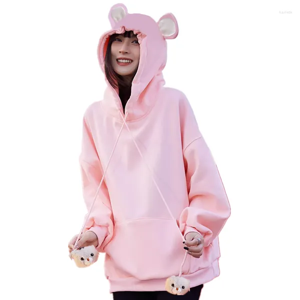 Sudaderas con capucha Harajuku Kawaii con orejas de oso para mujer, Sudadera con capucha, manga caída, terciopelo liso, prendas de vestir informales gruesas, jersey para niña