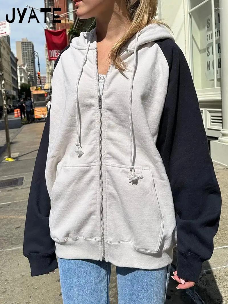 여성용 후드하라 주쿠 느슨한 패치 워크 zip-up 여자 가을면 주머니 드로우 스트링 캐주얼 재킷 탑 빈티지 세련된 Y2K 스웨트 셔츠