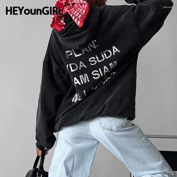 Sweats à capuche pour femmes HEYounGIRL Mode Femmes Lettre Imprimer Harajuku Lâche Casual Sweat-shirt coréen Fille Streetwear Automne Pulls Grunge