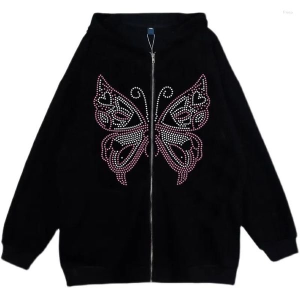 Sweats à capuche pour femmes High Street Harajuku Dark Diamond Butterfly Retro Punk Streetwear Oversize Hooded Print Y2k Jacket Warm Sportswear Cardigan
