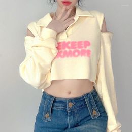 Sweats à capuche pour femmes Hikigawa Chic Mode Femmes Vintage Lettre Imprimer Lâche Pull Sweats Streetwear Fermeture Éclair Hors Épaule Danseuse Y2k Crop